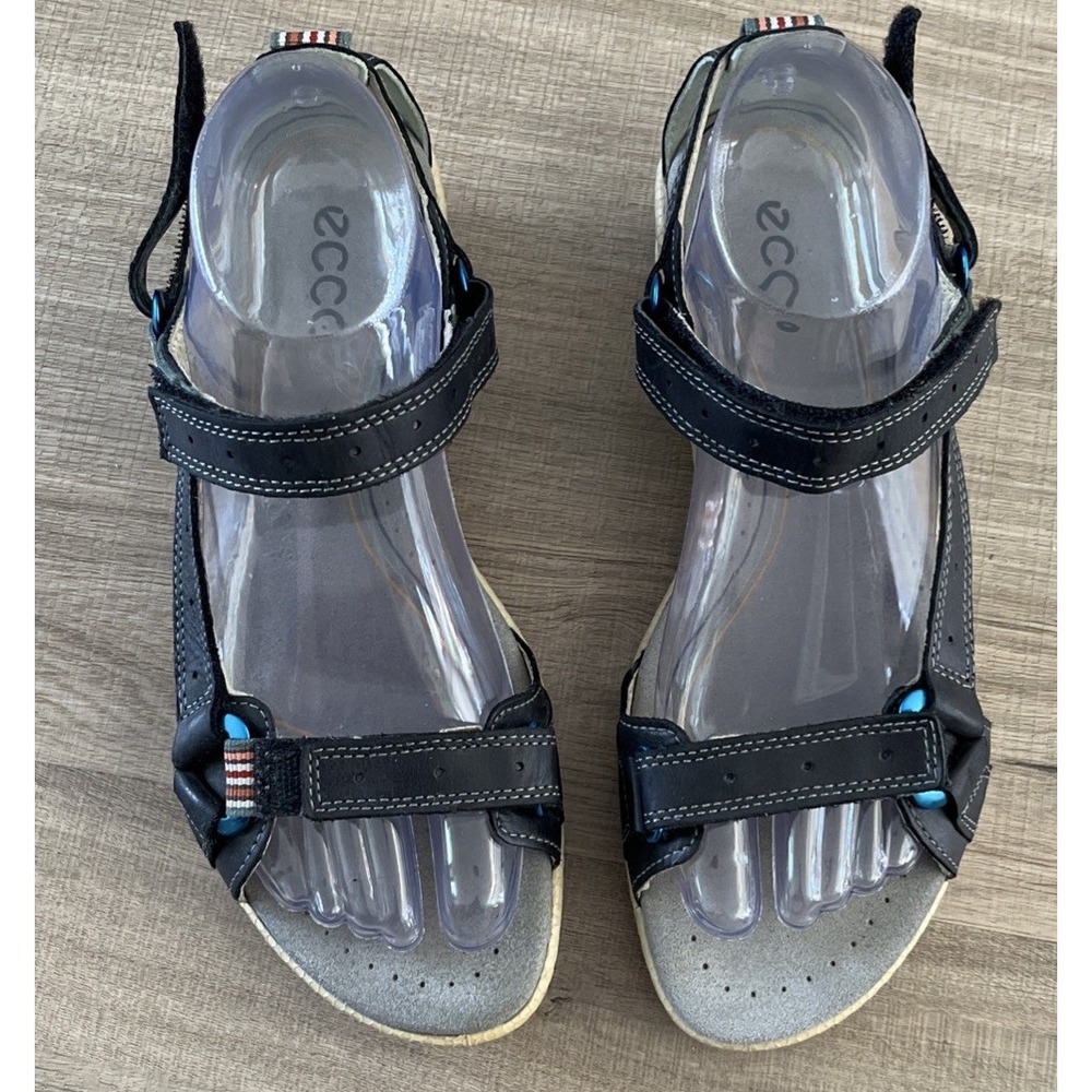 Ecco Hill Move Sandals Blue Leather Womens Size 8 EU38 Low Wedge Strappy Shoes